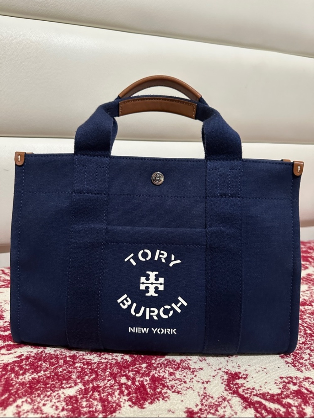 Tory Burch Navy Canvas 2-Way Bag with Tan Leather Trim - Picture 2 of 16